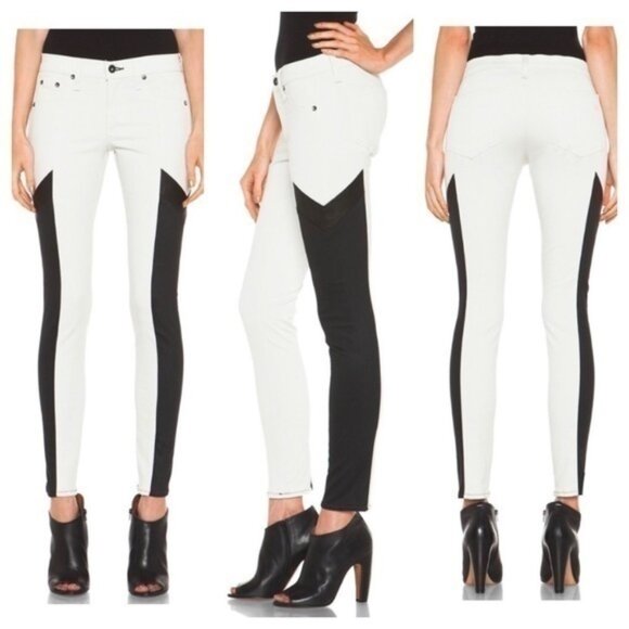NWT Rag & Bone Grand Prix Winter White Black Leather Panel Legging Jeans 27 - Picture 1 of 13